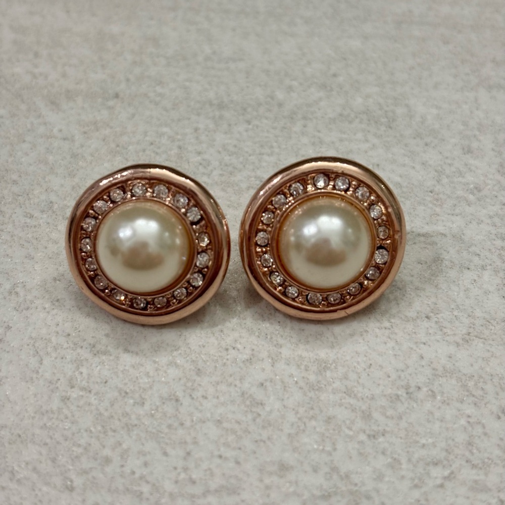Round Rose Gold and Pearl Stud Earrings with Diamond Accents